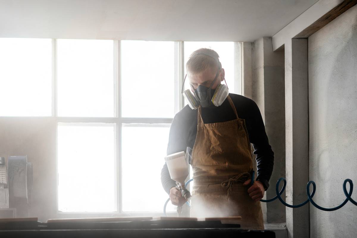 dust mask recommendations for construction showing a worker wearing an N95 respirator while sanding drywall